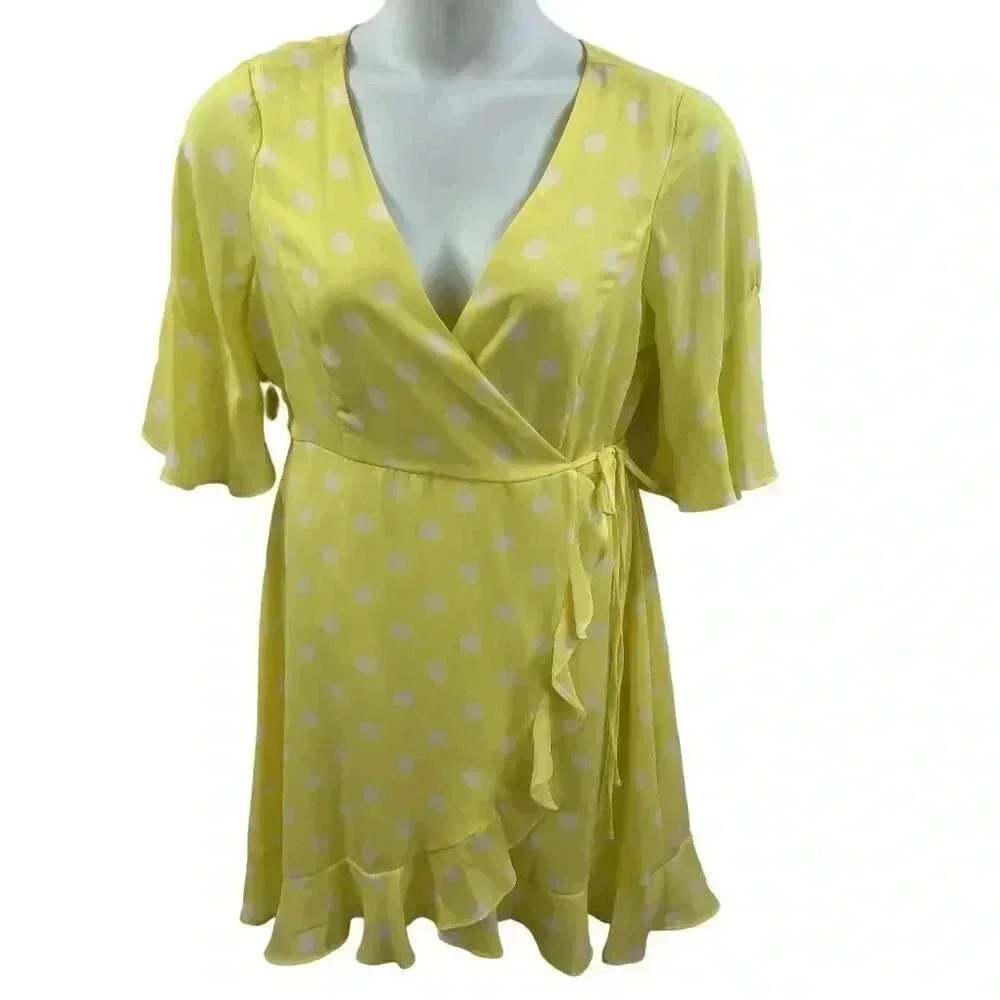 June & Hudson 1XL Yellow Polka Dot Wrap Dress Boho Whimsical Flowy Feminine